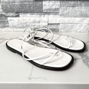 ZARA Thin Strap Leather Lace Up Flat White Sandals Size 7